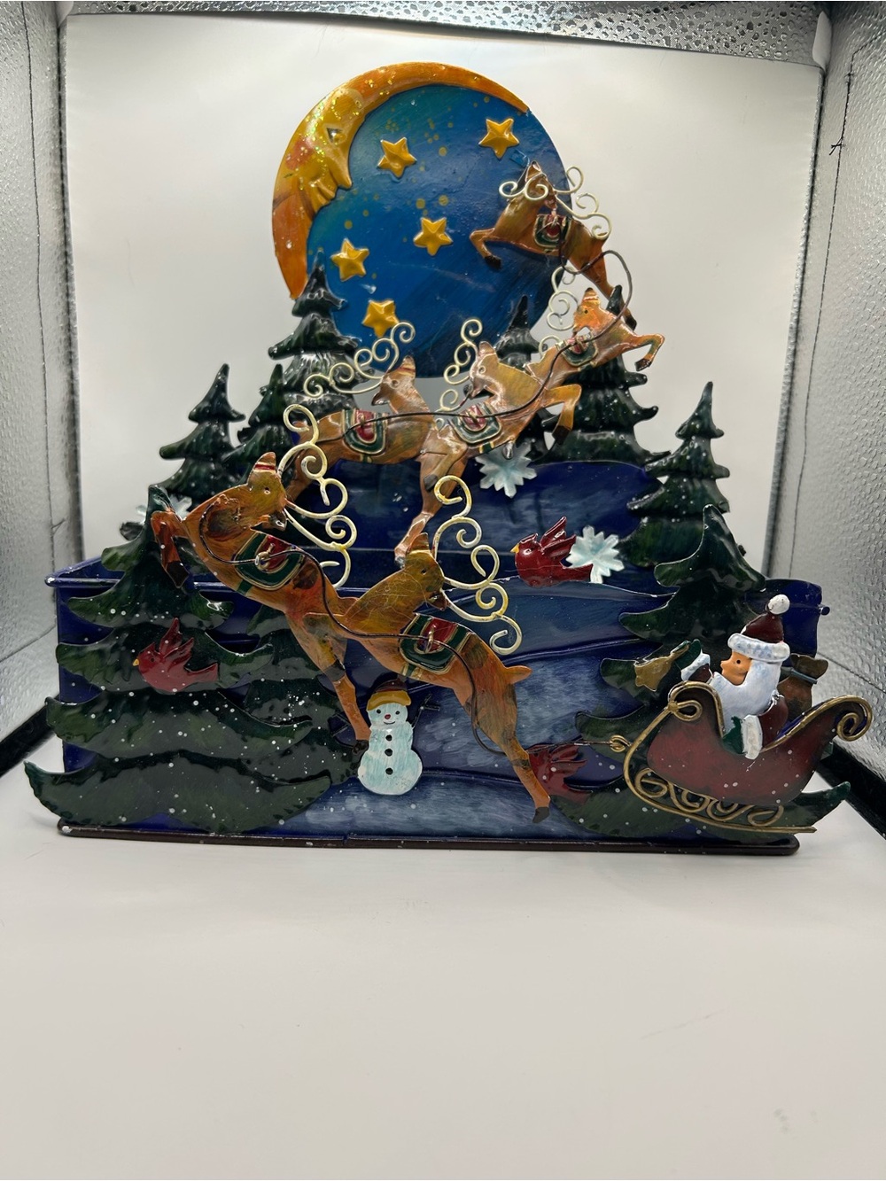 Handcrafted Metal Santa Sleigh with Reindeer and Night Sky 3D